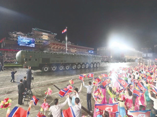 north korea displays hwasong 20 a new icbm during the military parade at kim il sung square in pyongyang photo afp