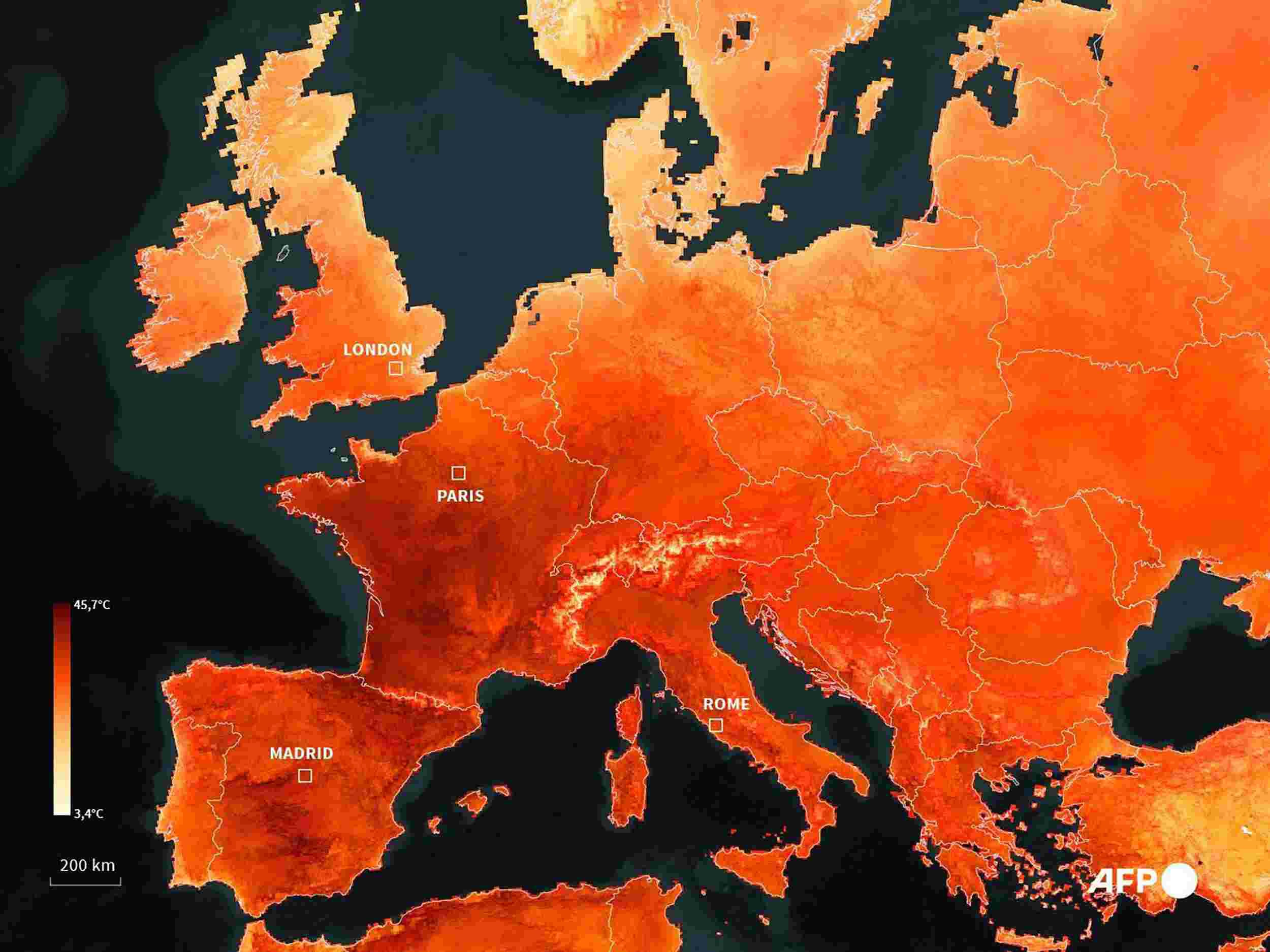 A photo created on June 24, 2026 combining sources from EDO, Nasa, Jaxa, Gebco, OSM shows a map of Europe as a heatwave is scorching the continent, exceeding some scientific projections. Photo: AFP