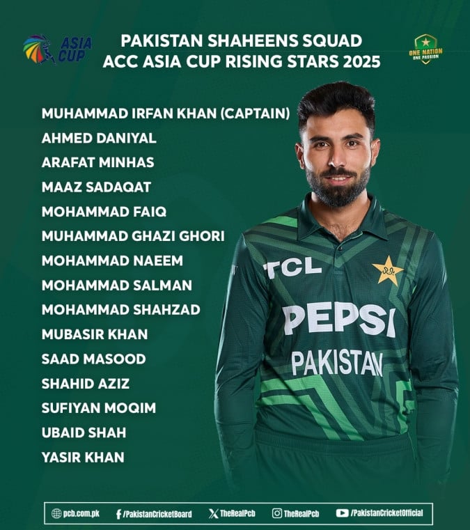 PCB names squad for Men’s Asia Cup Rising Stars 2025 tournament. PHOTO: PCB