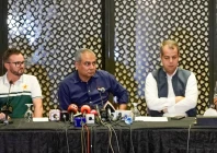 pcb chairman mohsin naqvi s press conference alongside aqib javed mike hesson and senior pcb officials photo pcb