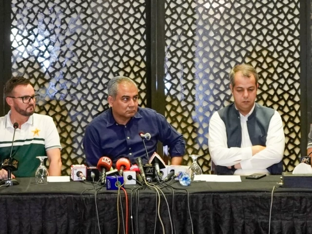 pcb chairman mohsin naqvi s press conference alongside aqib javed mike hesson and senior pcb officials photo pcb pcb chairman mohsin naqvi s press conference alongside aqib javed mike hesson and senior pcb officials photo pcb