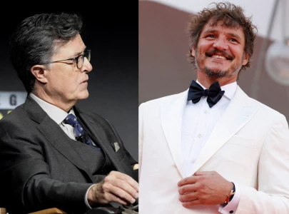 pedro pascal asks stephen colbert for a kiss during final episodes of the late show