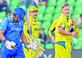 australia s nathan ellis r celebrates with teammates after dismissing afghanistan s gulbadin naib l in the icc champions trophy match at gaddafi stadium on friday photo afp