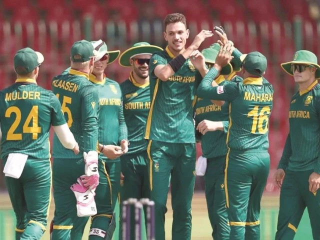pacer marco jensen in the middle celebrating a wicket against england with south africa team at the national bank stadium in karachi photo afp