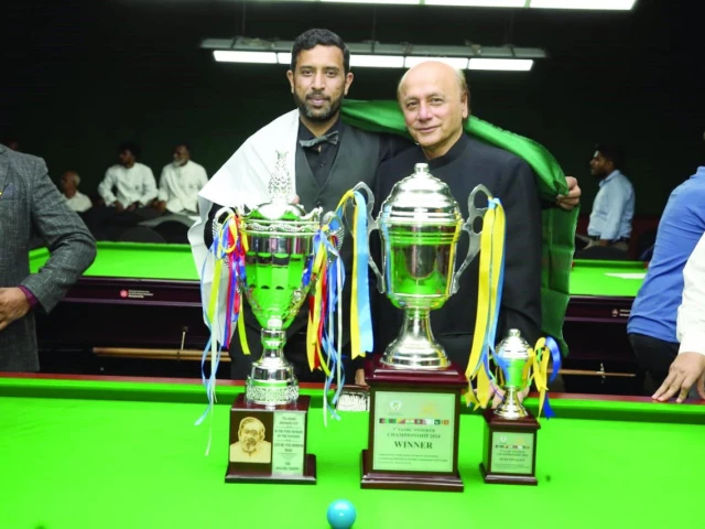 mohammad asif and president of snooker association of pakistan alamgir shaikh seen with the trophies after the 3rd saarc snooker championship final in colombo on friday photo pbsa mohammad asif and president of snooker association of pakistan alamgir shaikh seen with the trophies after the 3rd saarc snooker championship final in colombo on friday photo pbsa