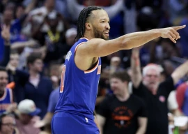 new york s jalen brunson celebrates during the knicks series clinching victory over the philadelphia 76ers in the nba playoffs photo afp