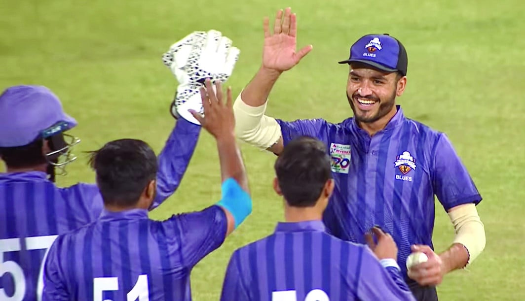 karachi blues are celebrating their wicket against quetta region in the national t20 cup photo pcb screengrab