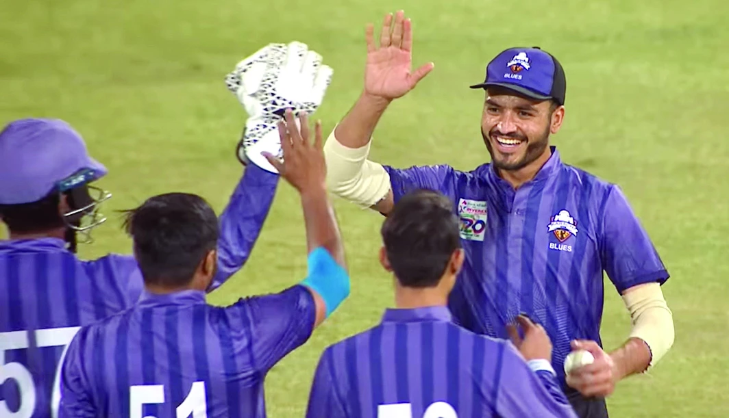 karachi blues are celebrating their wicket against quetta region in the national t20 cup photo pcb screengrab