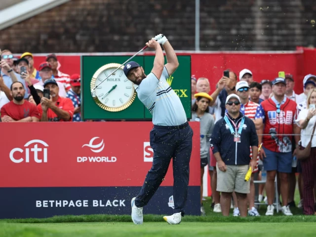 team europe s jon rahm hits his tee shot on the 3rd hole during the foursomes photo reuters