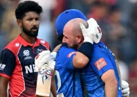 brothers justin mosca and anthony mosca celebrate after a dominating 10 wicket victory photo afp