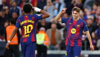 barcelona midfielder fermin lopez celebrates scoring his team s third goal in the comfortable win over levante on sunday in la liga photo afp