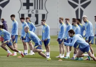 barcelona players train at the sant joan despi sports complex before saturday s la liga match against villarreal photo afp