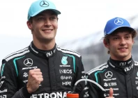 pole winner mercedes british driver george russell l and teammate italian driver kimi antonelli 2nd position celebrate after the qualifying session for the formula one australian grand prix photo afp