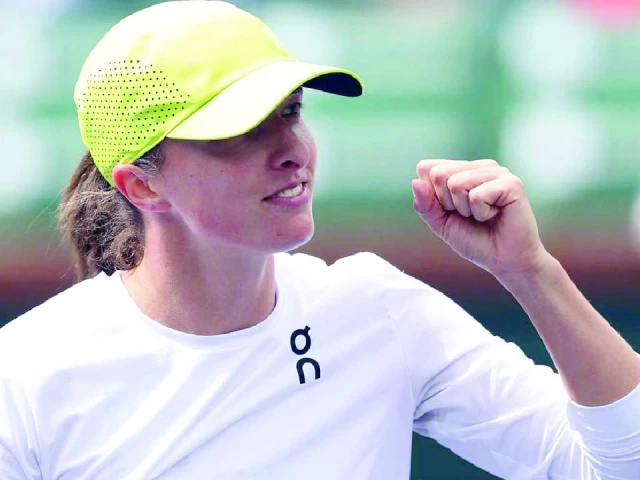 fast work defending champion iga swiatek on the way to a fourth round victory over czech karolina muchova at indian wells photo afp fast work defending champion iga swiatek on the way to a fourth round victory over czech karolina muchova at indian wells photo afp