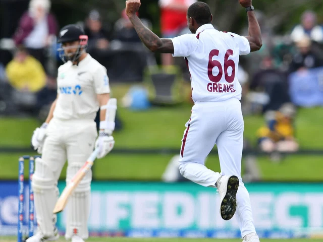 struggling justin greaves celebrates the wicket of kane williamson on day one of the first test between new zealand and west indies at hagley oval in christchurch photo afp