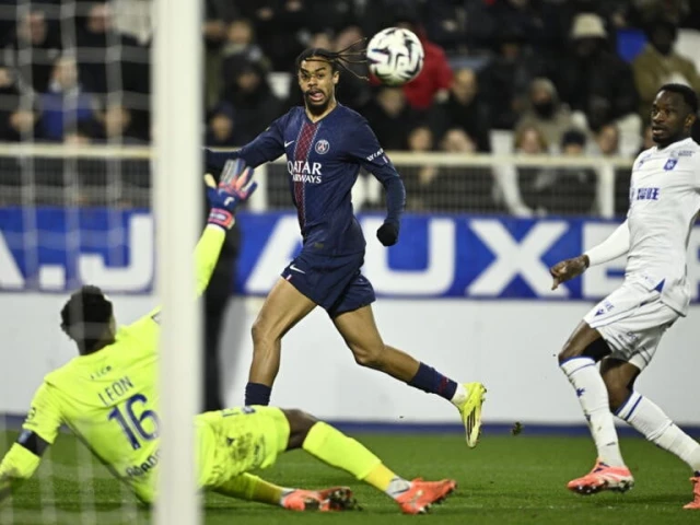 paris saint germain forward bradley barcola c was twice thwarted by auxerre goalkeeper donovan leon l in the first half photo afp paris saint germain forward bradley barcola c was twice thwarted by auxerre goalkeeper donovan leon l in the first half photo afp