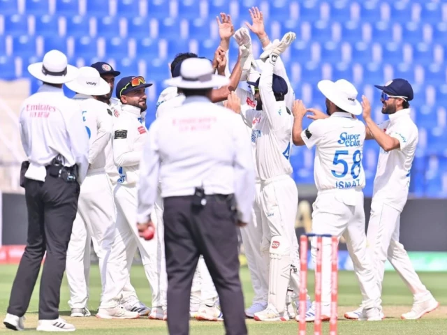afghanistan s players celebrate after getting the wicket of bangladesh s taijul islam on the second day of their one off test at the zayed cricket stadium in abu dhabi on saturday photo acb afghanistan s players celebrate after getting the wicket of bangladesh s taijul islam on the second day of their one off test at the zayed cricket stadium in abu dhabi on saturday photo acb