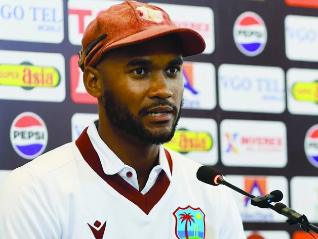 west indies skipper kraigg brathwaite speaks during the post match press conference after winning the second test match against pakistan in multan photo pcb