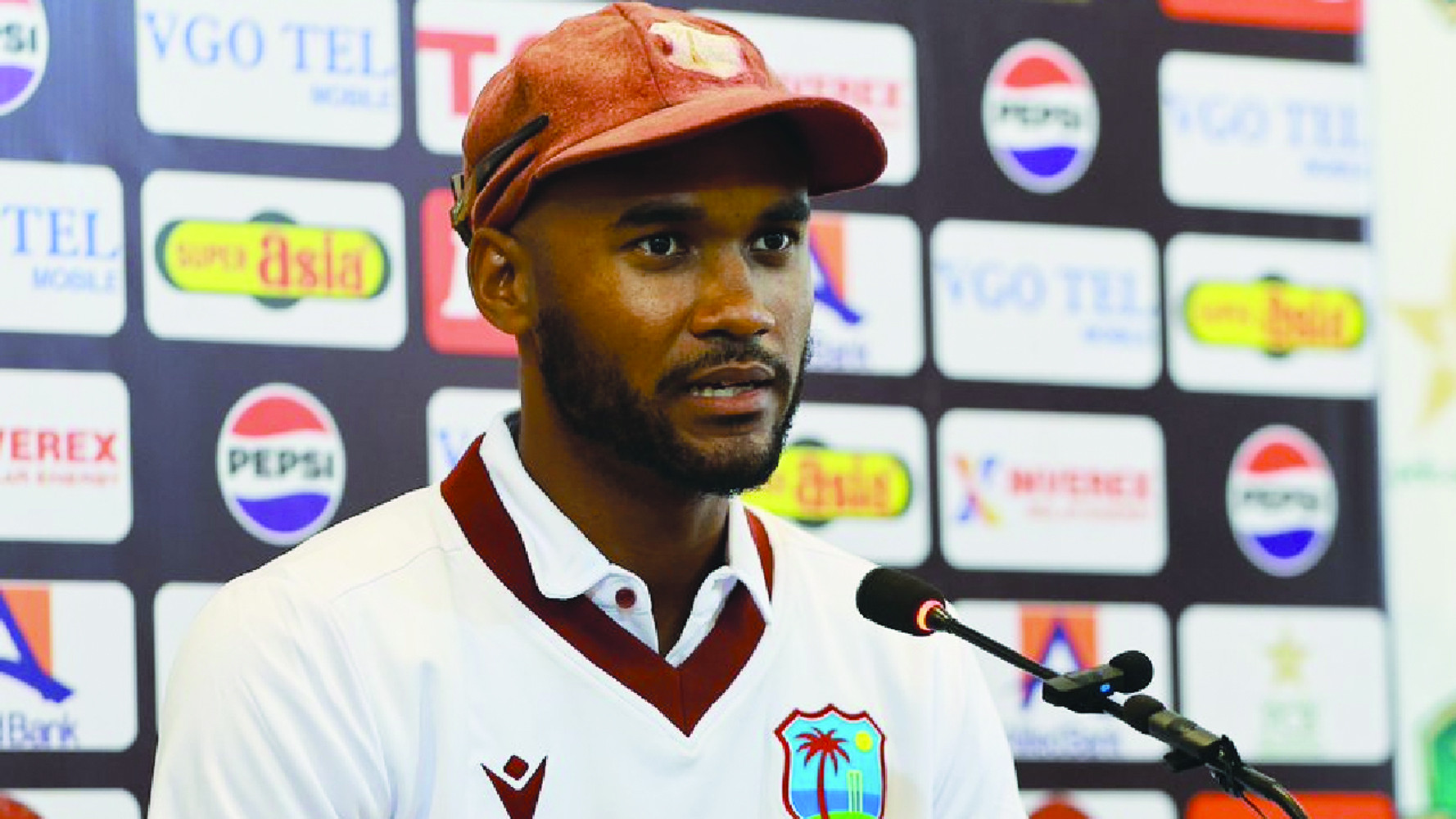 west indies skipper kraigg brathwaite speaks during the post match press conference after winning the second test match against pakistan in multan photo pcb