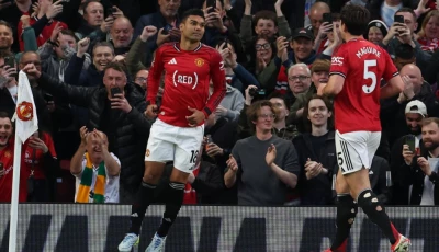 manchester united midfielder casemiro l celebrates scoring against brentford photo afp