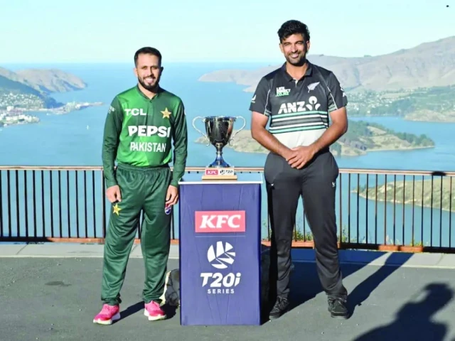 pakistan s mohammad haris l and new zealand s ish sodhi r pose with the series trophy photo cricket new zealand