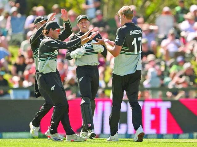 kyle jamieson had three wickets in his first three overs photo afp kyle jamieson had three wickets in his first three overs photo afp