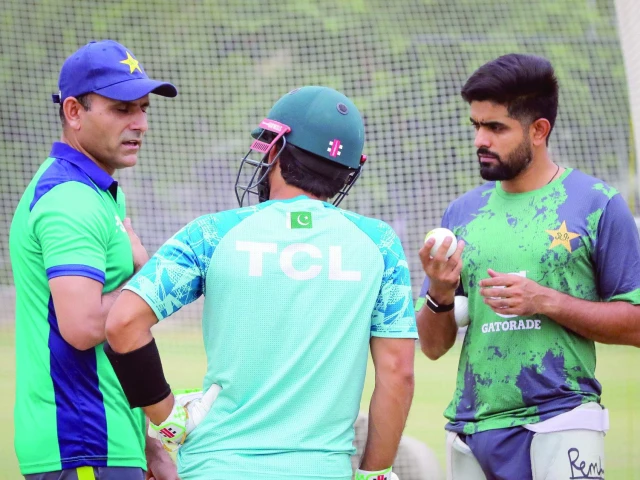 former pakistan all rounder abdul razak l wicketkeeper batter mohammad rizwan m and batter babar azam r do a net session photo pcb former pakistan all rounder abdul razak l wicketkeeper batter mohammad rizwan m and batter babar azam r do a net session photo pcb