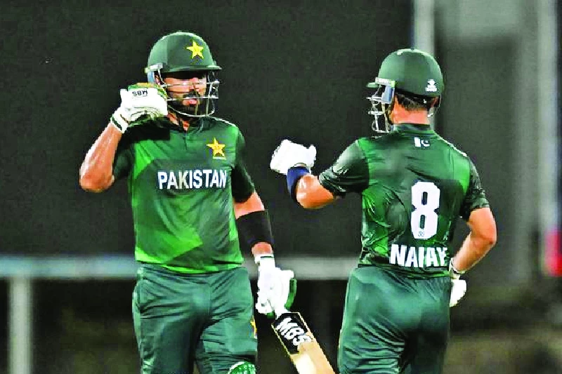 pakistan shaheens opening batter yasir khan and khawaja nafay doing fist bumps after reaching 100 run opening stand photo pcb