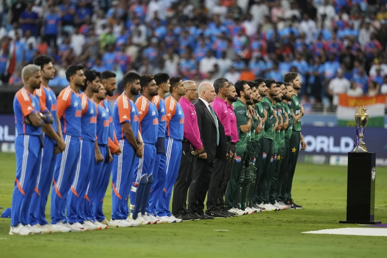 india and pakistan line up for the national anthems photo acc