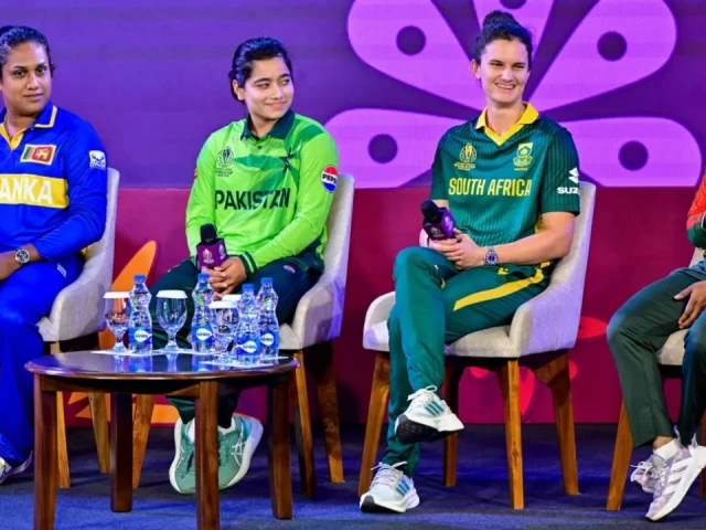 captains chamari attapaththu fatima sana laura wolvaardt and nigar sultana at a press conference photo icc