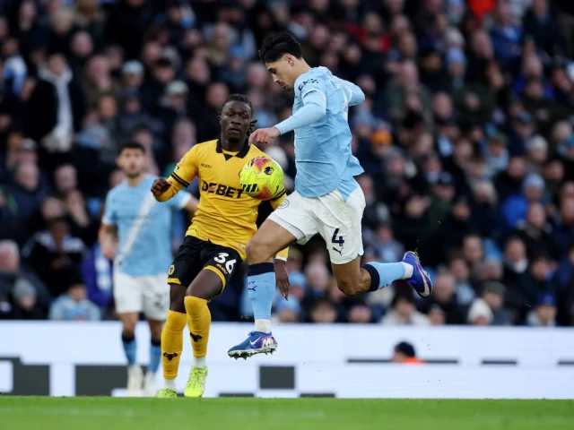 wolverhampton wanderers mateus mane in action with manchester city s tijjani reijnders photo reuters wolverhampton wanderers mateus mane in action with manchester city s tijjani reijnders photo reuters