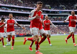 kai havertz celebrates scoring arsenal s third goal against tottenham during the first half photo afp file