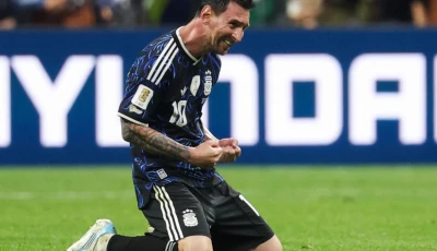 lionel messi sinks to his knees after argentina reached their second consecutive world cup final photo afp