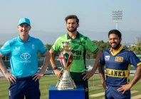 pakistan s captain shaheen afridi c england s skipper harry brook l and sri lanka s captain kusal mendis pose with the trophy ahead of sunday s odi tri series opener at pindi stadium photo pcb