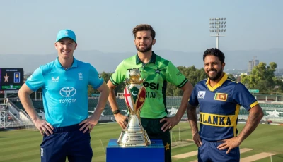 pakistan s captain shaheen afridi c england s skipper harry brook l and sri lanka s captain kusal mendis pose with the trophy ahead of sunday s odi tri series opener at pindi stadium photo pcb