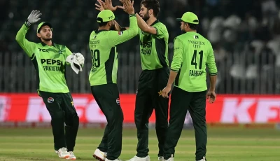 captain shaheen afridi celebrates with teammates after taking a wicket against sri lanka during the first odi of the tri nation series at rawalpindi cricket stadium photo afp
