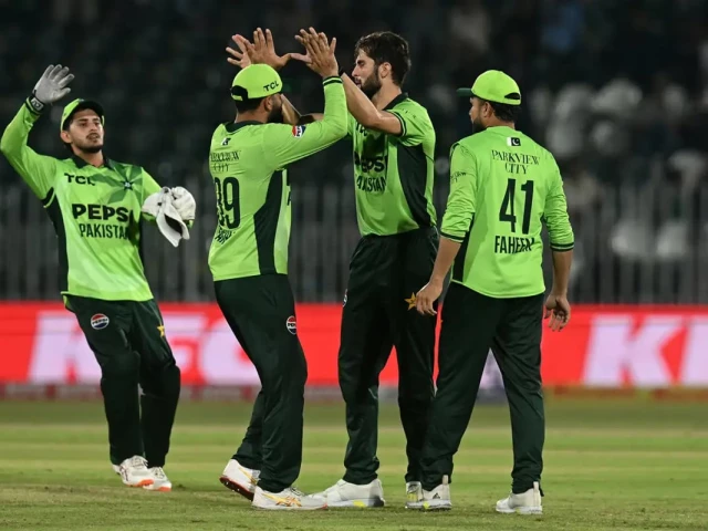 captain shaheen afridi celebrates with teammates after taking a wicket against sri lanka during the first odi of the tri nation series at rawalpindi cricket stadium photo afp captain shaheen afridi celebrates with teammates after taking a wicket against sri lanka during the first odi of the tri nation series at rawalpindi cricket stadium photo afp