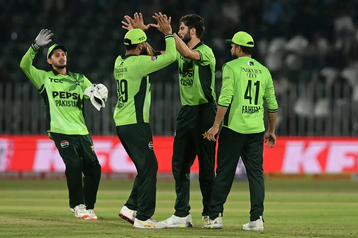 captain shaheen afridi celebrates with teammates after taking a wicket against sri lanka during the first odi of the tri nation series at rawalpindi cricket stadium photo afp