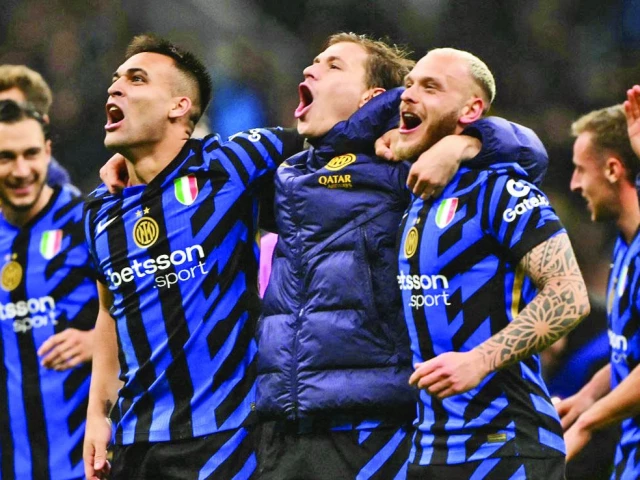 inter milan s forward lautaro martinez midfielder nicolo barella and defender federico dimarco celebrate at the end of the uefa champions league quarter final second leg photo afp inter milan s forward lautaro martinez midfielder nicolo barella and defender federico dimarco celebrate at the end of the uefa champions league quarter final second leg photo afp