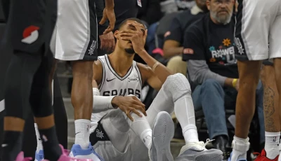 victor wembanyama exited the san antonio spurs playoff clash with the portland trail blazers after suffering a head injury photo afp