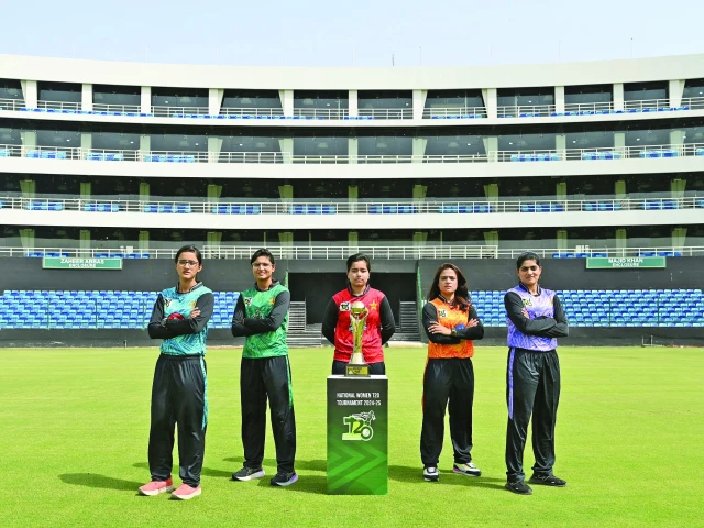 all five captains of the national women s t20 sides pose with the trophy at the national bank stadium in karachi photo pcb all five captains of the national women s t20 sides pose with the trophy at the national bank stadium in karachi photo pcb
