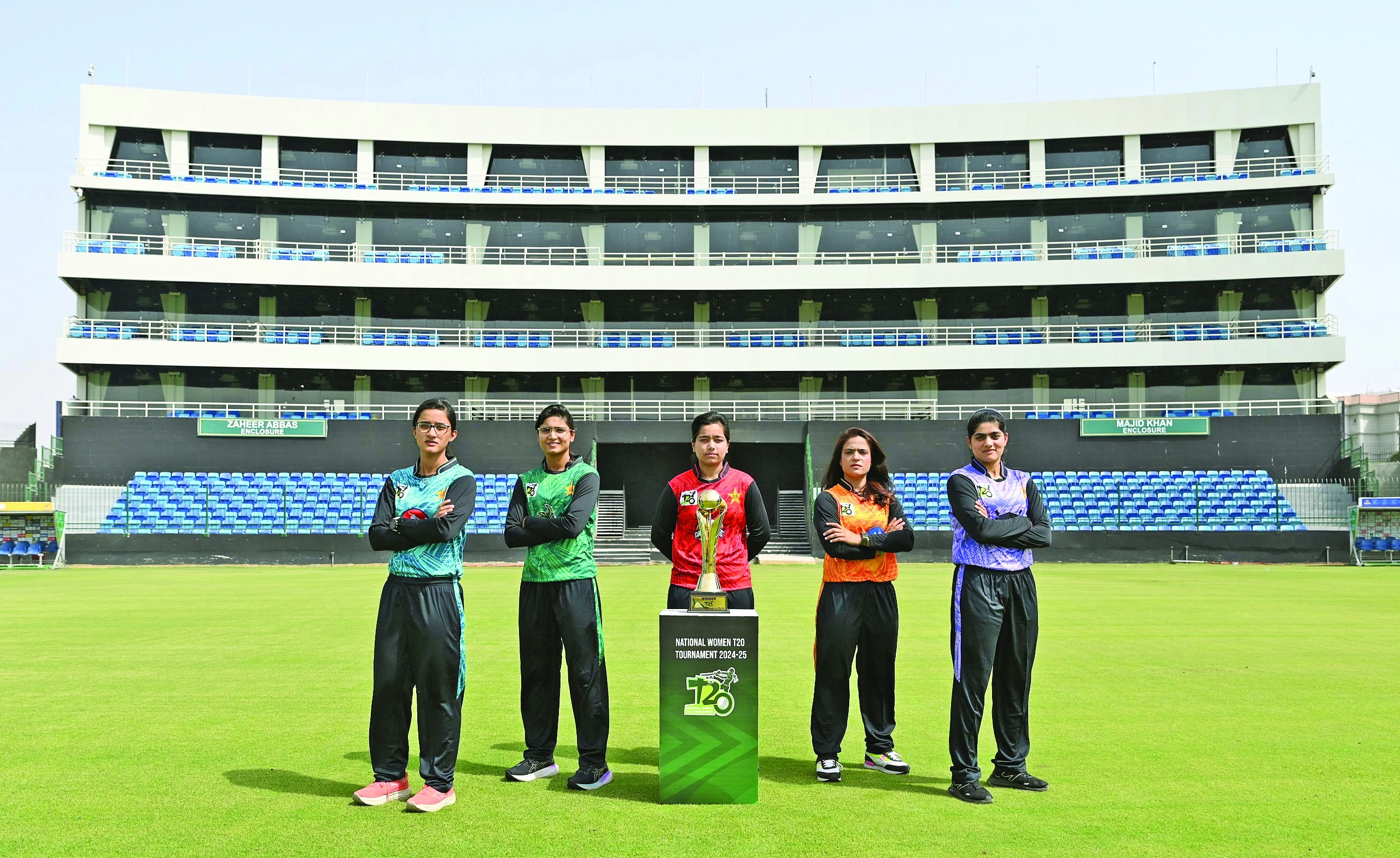 all five captains of the national women s t20 sides pose with the trophy at the national bank stadium in karachi photo pcb all five captains of the national women s t20 sides pose with the trophy at the national bank stadium in karachi photo pcb