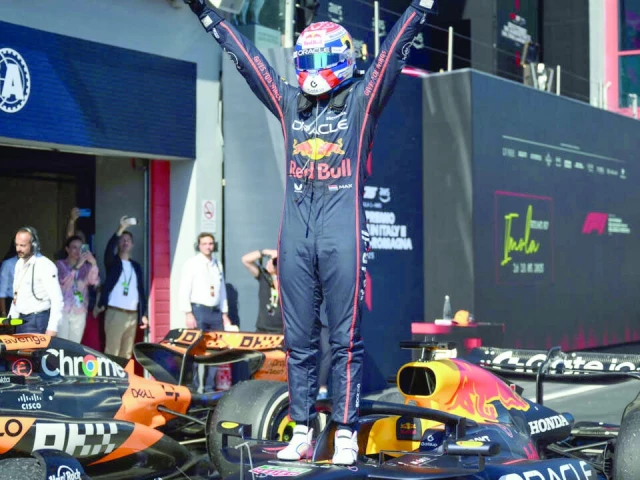 red bull racing s dutch driver max verstappen celebrates after winning at imola photo afp red bull racing s dutch driver max verstappen celebrates after winning at imola photo afp
