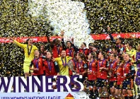 spain s irene paredes lifts the trophy as she celebrates winning the uefa women s nations league final with teammates photo reuters