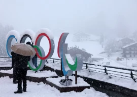 general view of the olympic rings and the paralympics agitos logo covered in snow ahead of the milano cortina 2026 winter olympics photo reuters