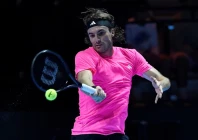 greece s stefanos tsitsipas in action during his quarter final match against italy s jannik sinner at the six kings slam anb arena riyadh photo reuters