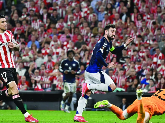 manchester united captain bruno fernandes celebrates scoring their third goal his second in a 3 0 europa league semi final first leg win away to athletic bilbao photo afp manchester united captain bruno fernandes celebrates scoring their third goal his second in a 3 0 europa league semi final first leg win away to athletic bilbao photo afp