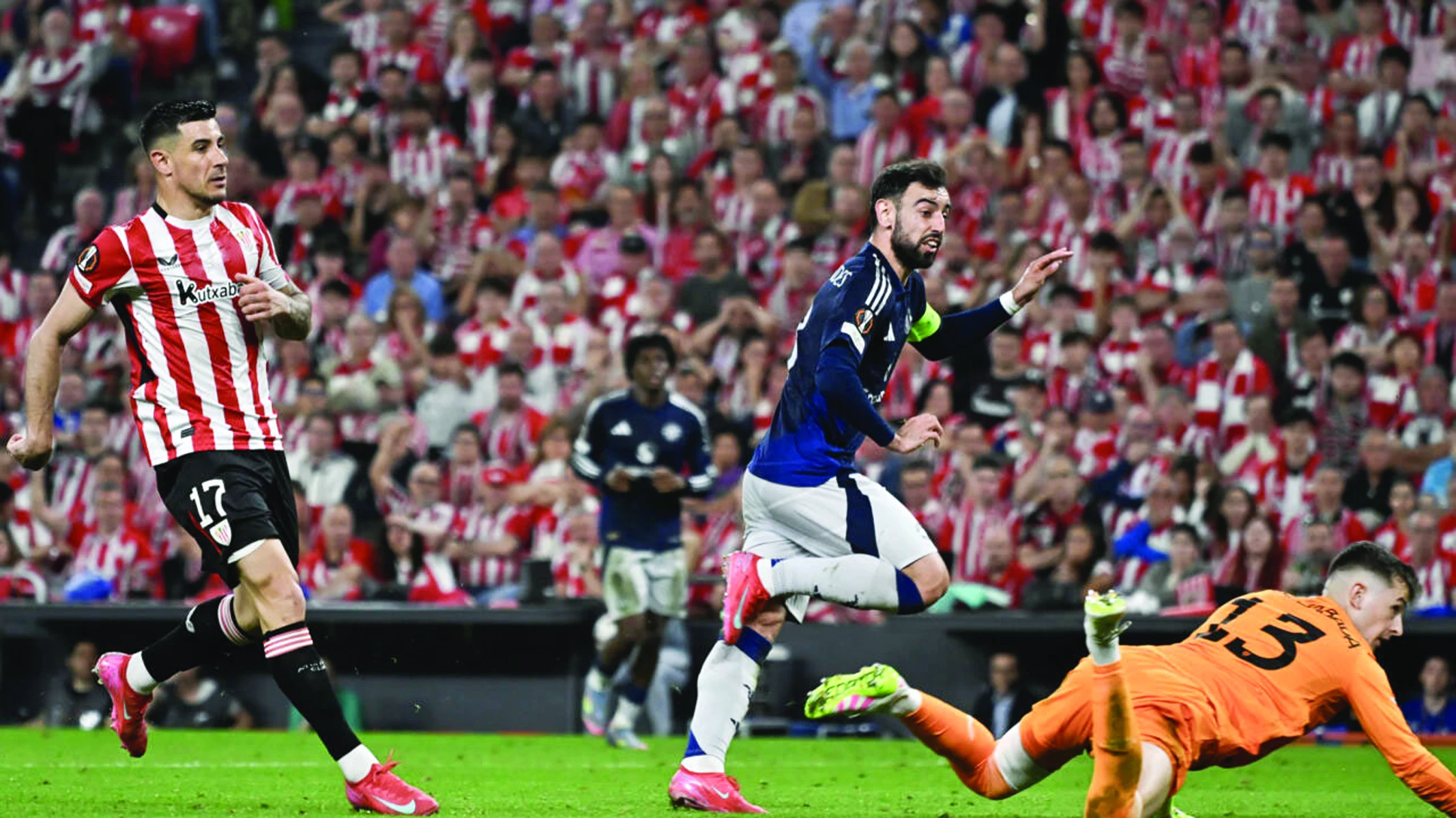 manchester united captain bruno fernandes celebrates scoring their third goal his second in a 3 0 europa league semi final first leg win away to athletic bilbao photo afp manchester united captain bruno fernandes celebrates scoring their third goal his second in a 3 0 europa league semi final first leg win away to athletic bilbao photo afp