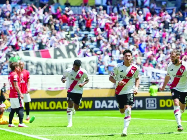 river plate s argentine midfielder maximiliano meza headed home his team s third goal from a corner photo afp river plate s argentine midfielder maximiliano meza headed home his team s third goal from a corner photo afp