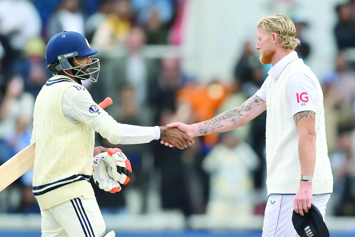 england captain ben stokes and india s ravindra jadeja shake hands as the fourth test concludes in manchester photo icc